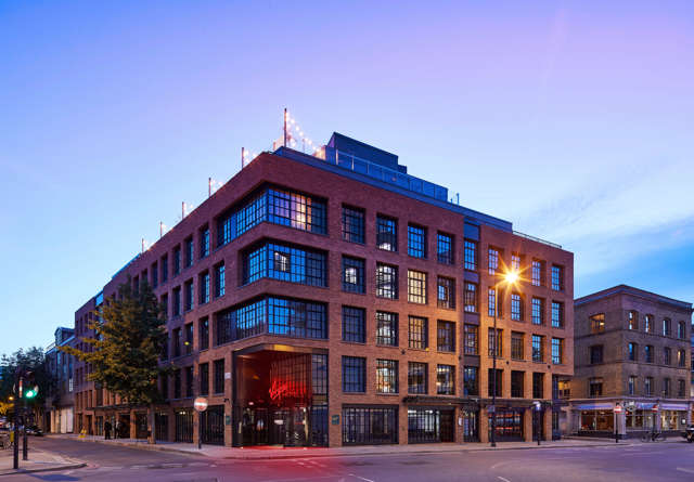 Exterior view of Virgin Hotels in London Shoreditch, showcasing the modern architectural design of the hotel.