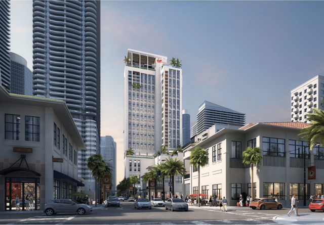 Artistic rendering of Virgin Hotels Miami, showcasing modern architecture and inviting outdoor spaces.